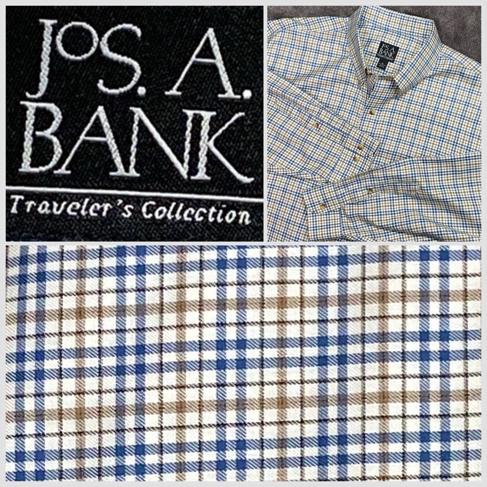 Jos. A. Bank  TravelerMen's XLarge Blue‎ Tan Plaid Long Sleeve Button Down Shirt